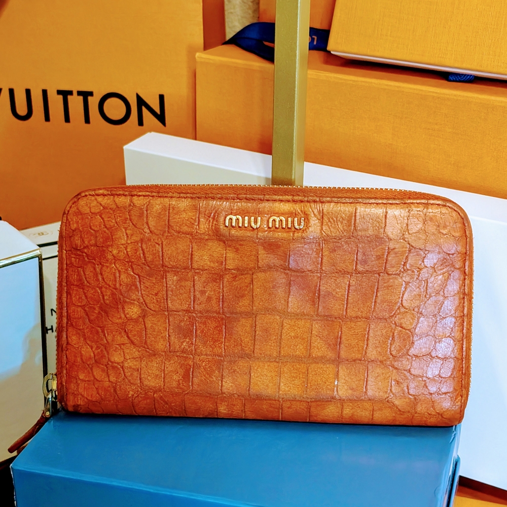 Miu Miu Orange Croc-Embossed Wallet